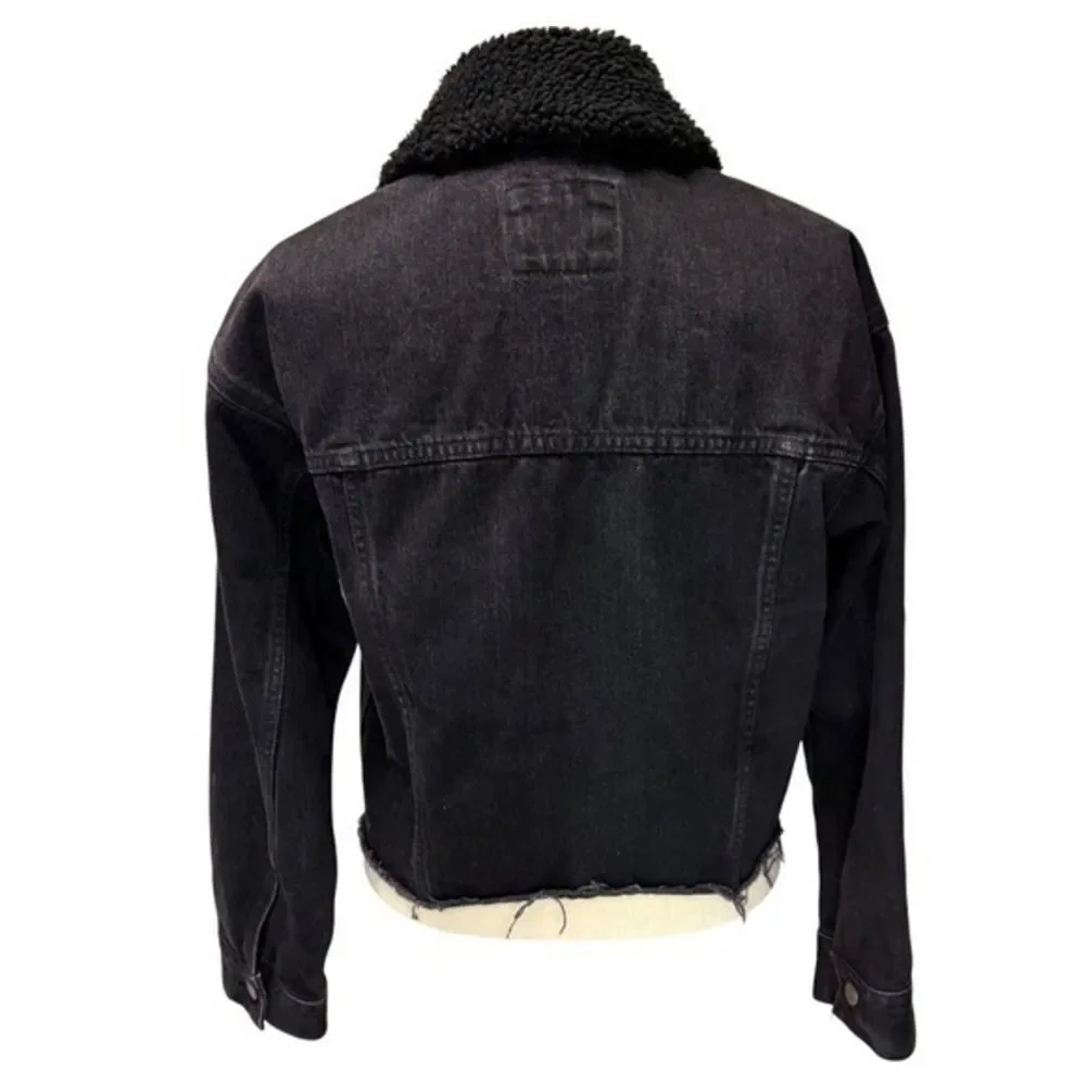 Abercrombie & Fitch Black Denim Sherpa Lined Trucker Jacket Womens Size M Cotton